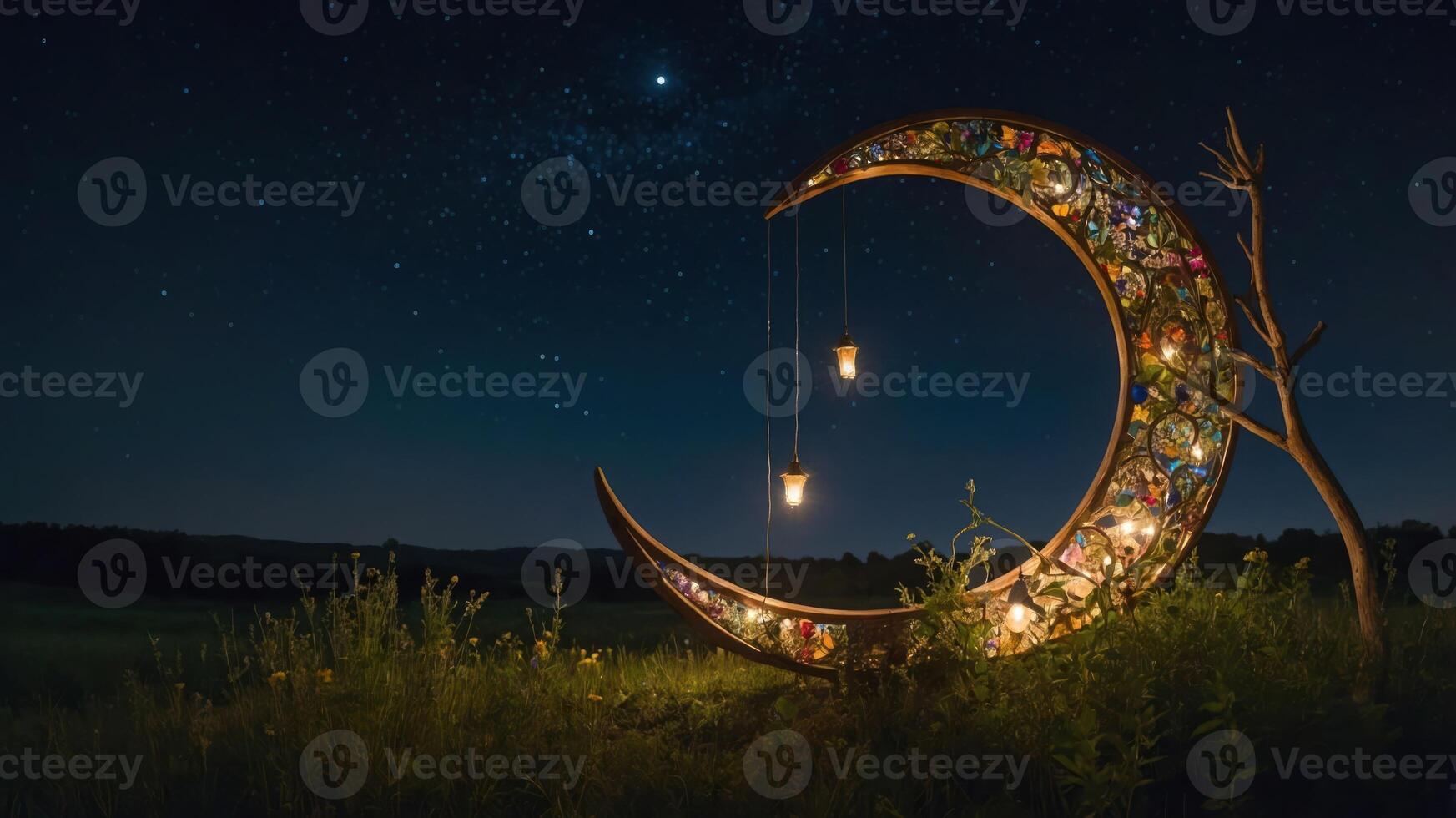 A decorative crescent moon sculpture with lanterns under a starry night sky. photo