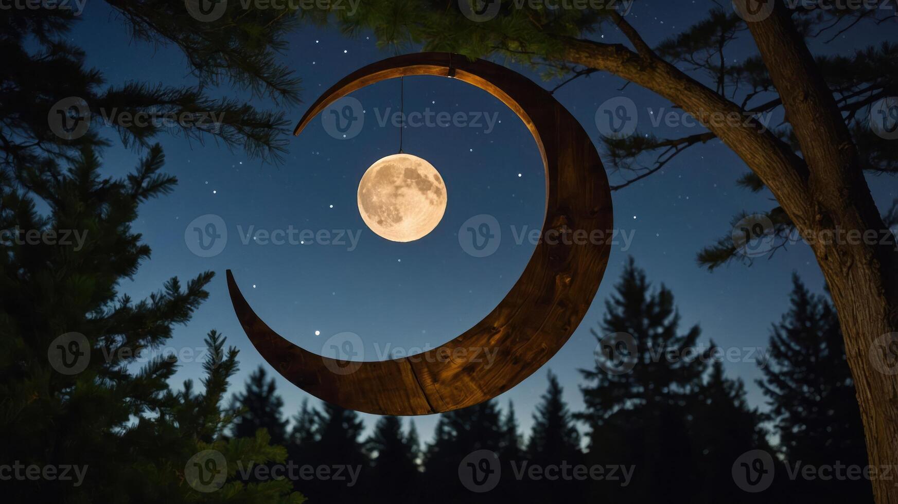 A large crescent moon hangs from a tree in a starry night sky, creating a serene atmosphere. photo
