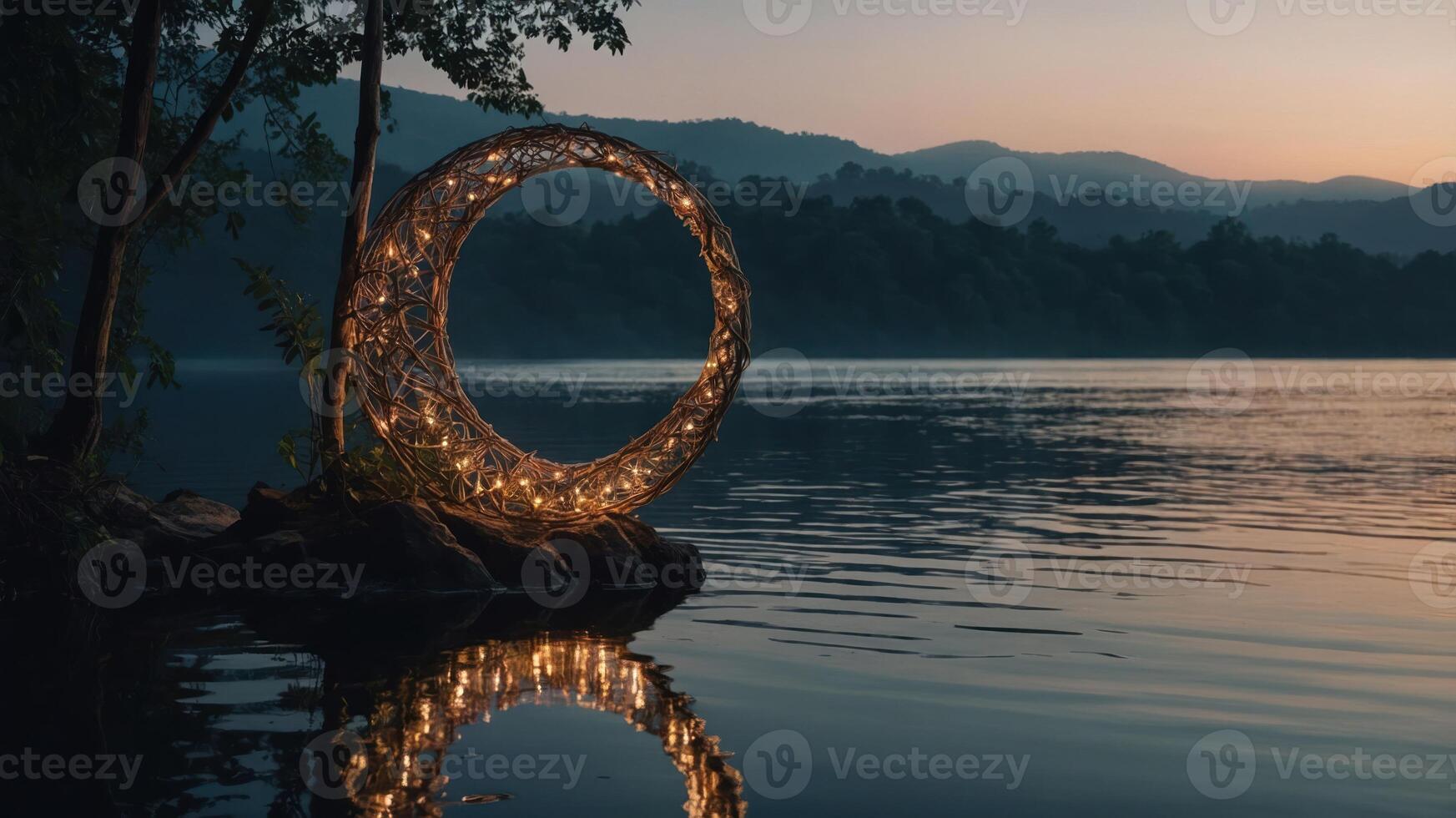 A glowing circular sculpture by a tranquil lake at sunset, reflecting on the water's surface. photo