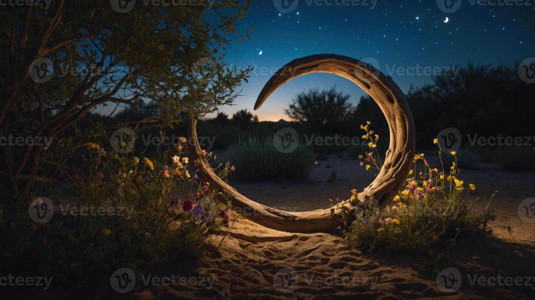 A crescent-shaped wooden structure surrounded by flowers under a starry night sky. photo