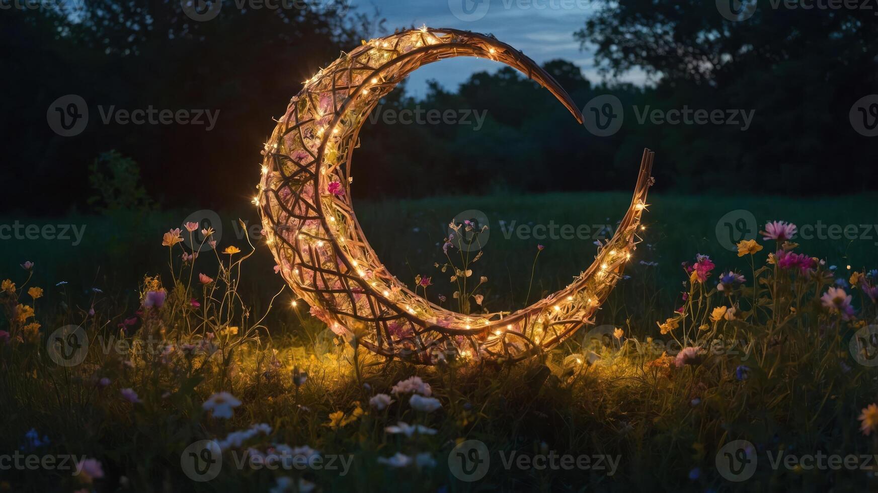 A decorative crescent moon made of lights in a field of flowers at twilight. photo