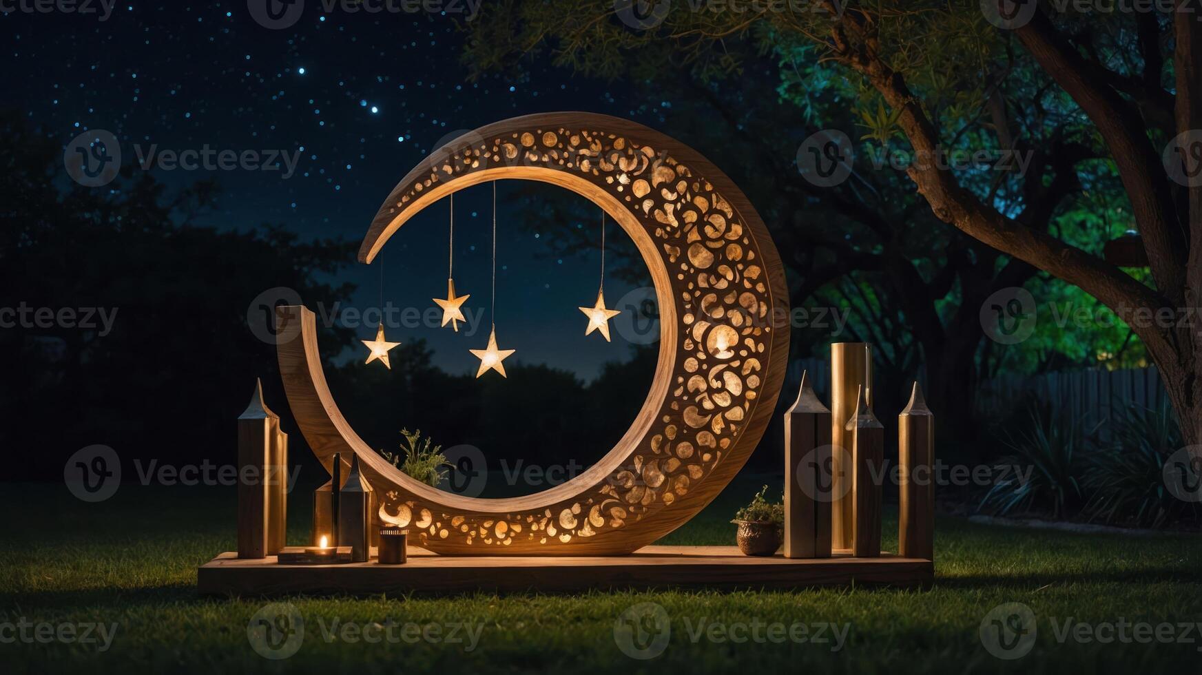 A beautifully illuminated crescent moon sculpture with hanging stars, set in a tranquil outdoor scene. photo