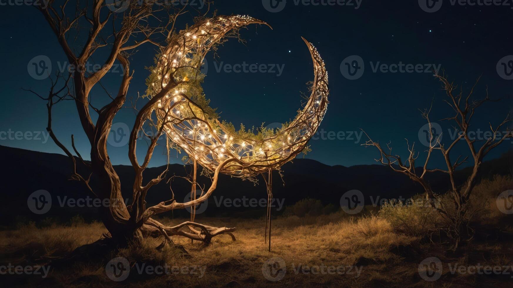 A crescent moon sculpture made of branches and lights, set against a night landscape. photo