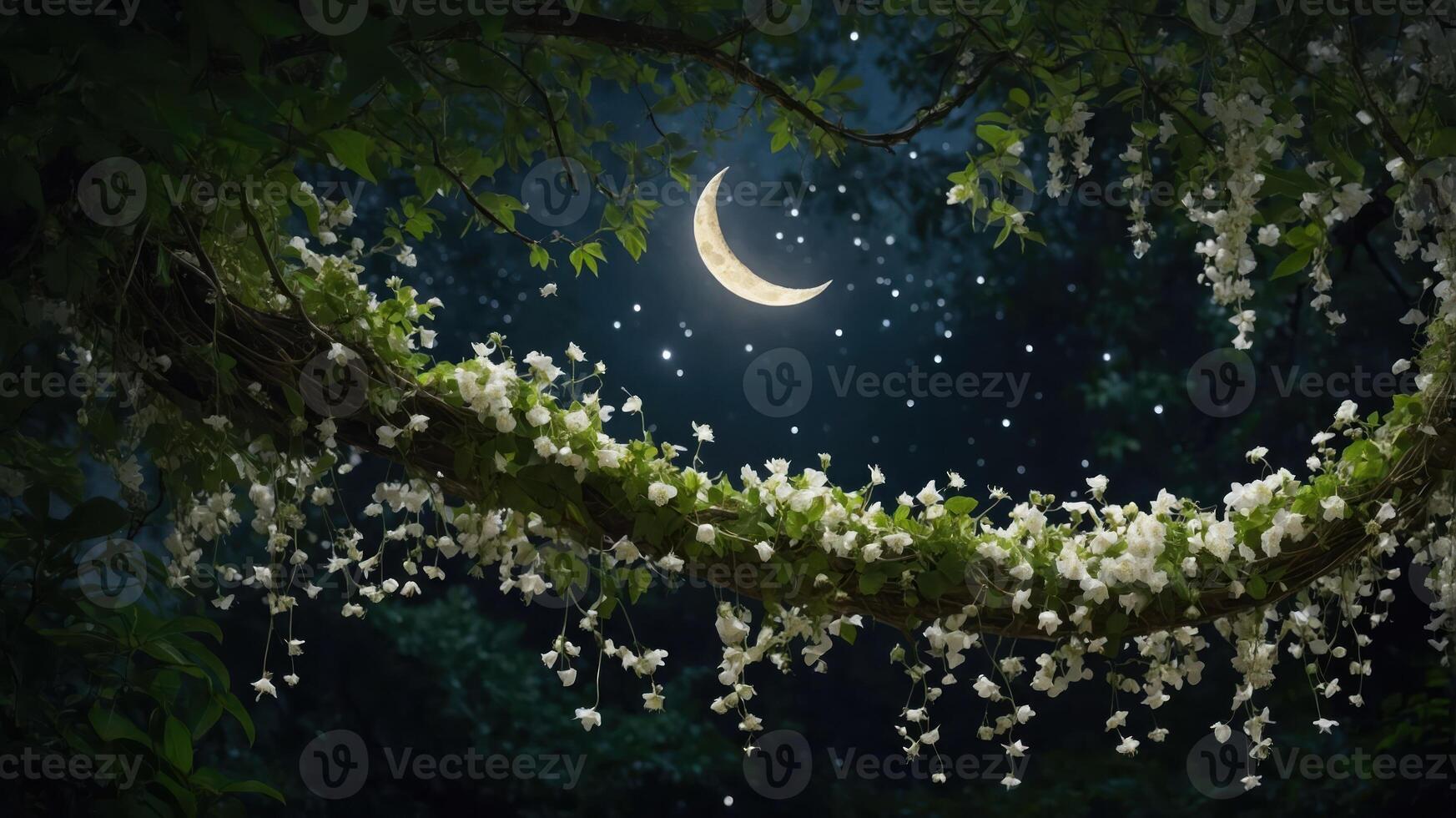 A serene night scene with a crescent moon and blooming flowers in a lush environment. photo