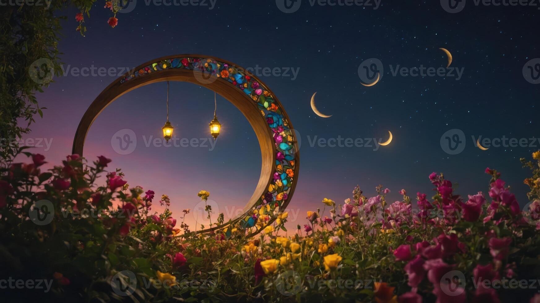 A serene night scene featuring a colorful swing amidst blooming flowers under a starry sky. photo
