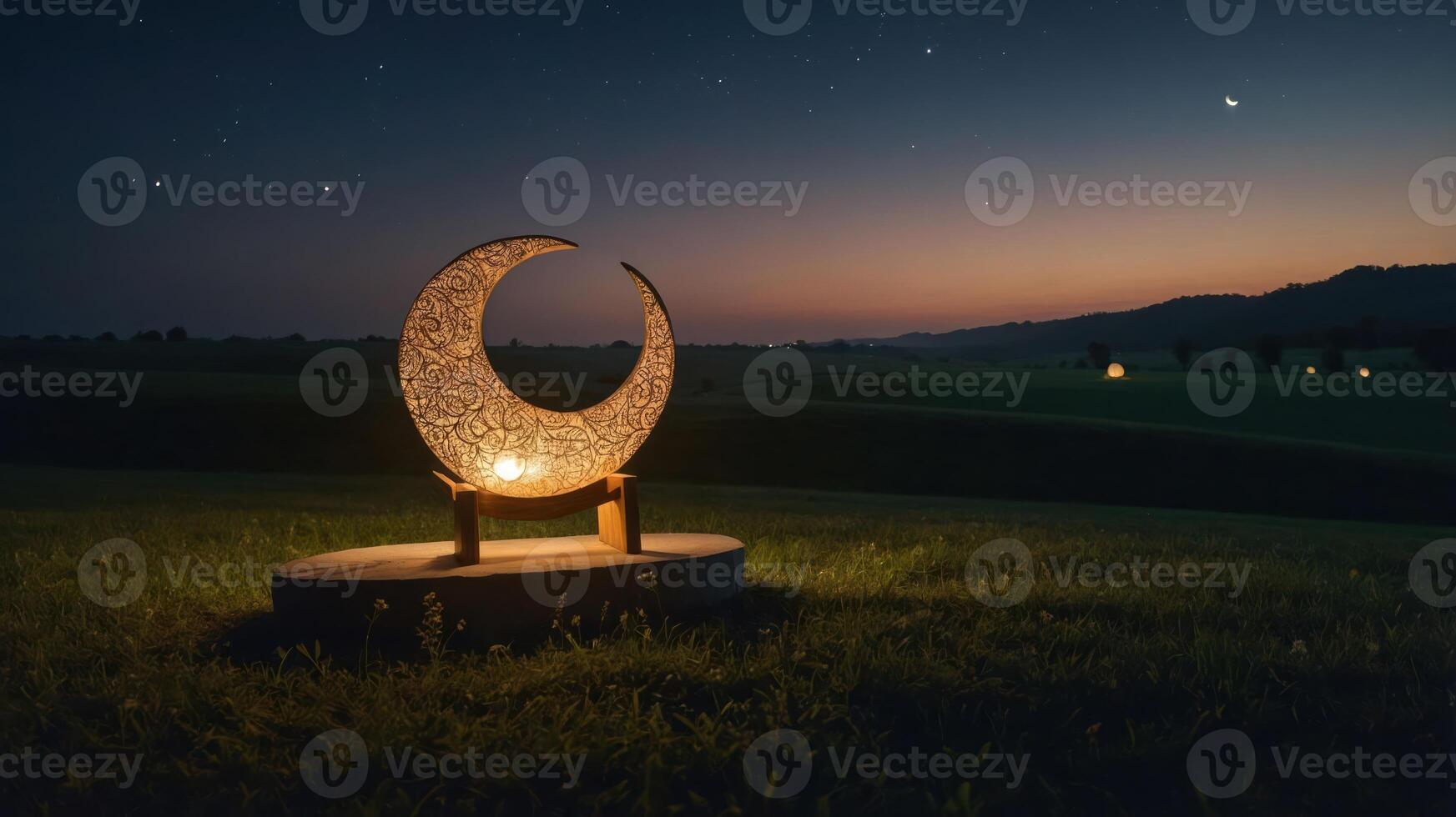 A luminous crescent sculpture in a serene twilight landscape. photo