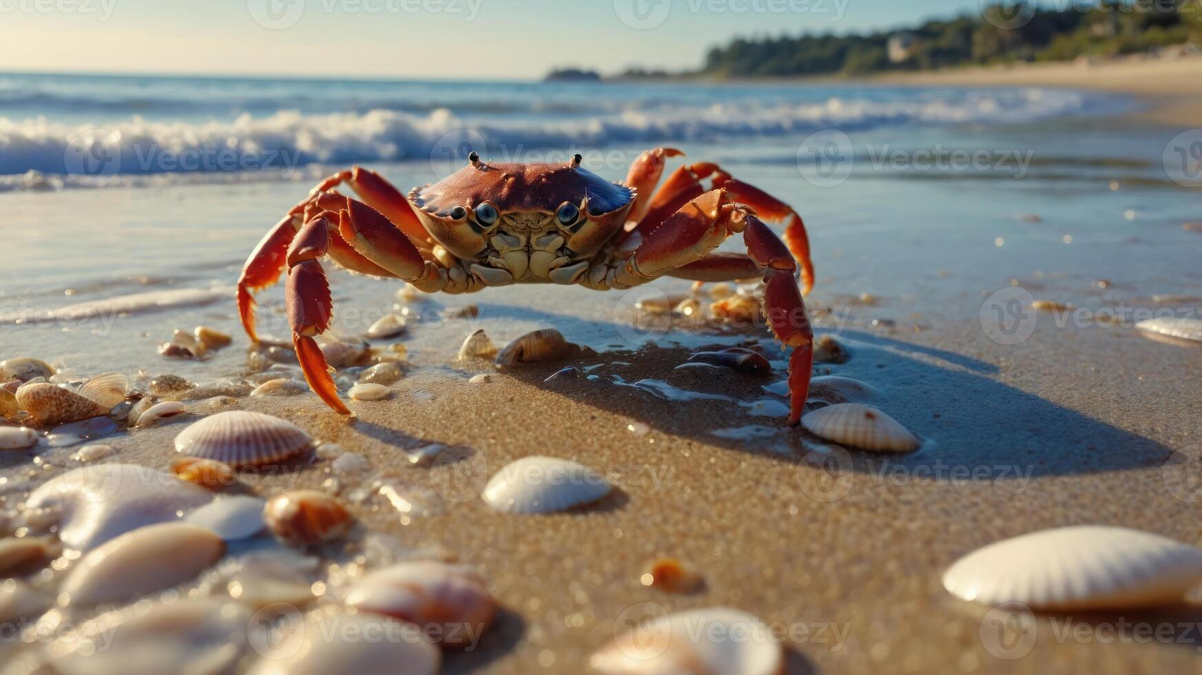 A crab walks along a sandy beach scattered with seashells, illuminated by sunlight. photo