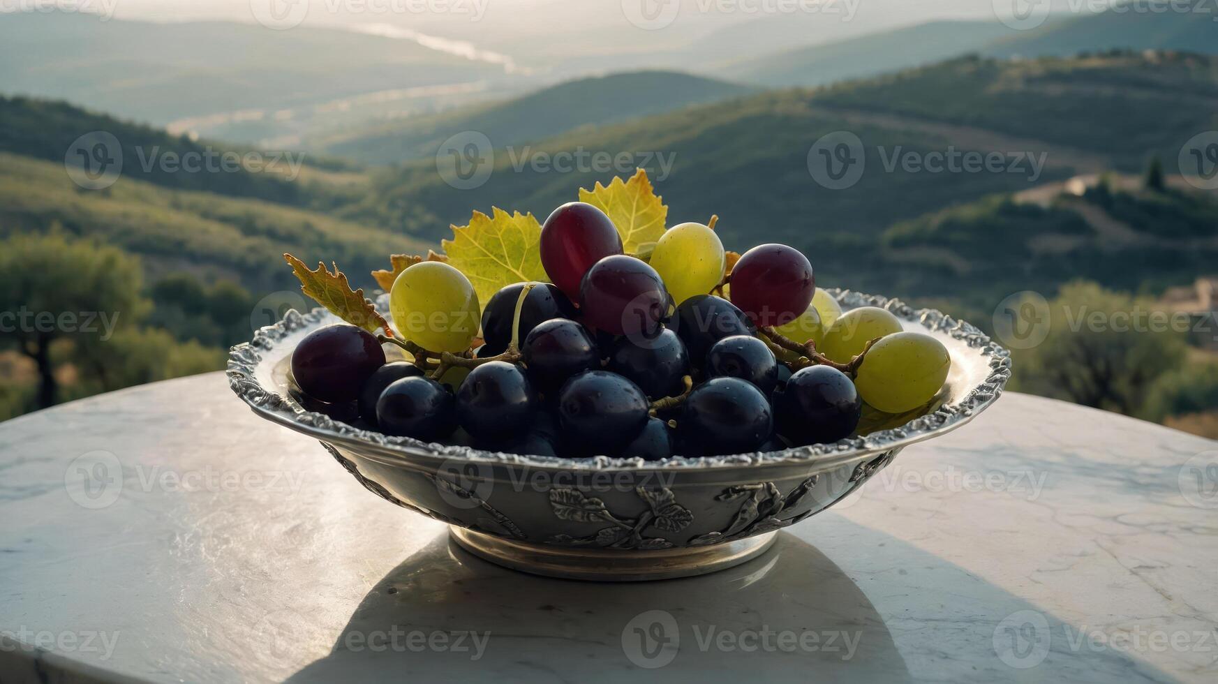 A silver bowl of assorted grapes set against a scenic landscape. photo