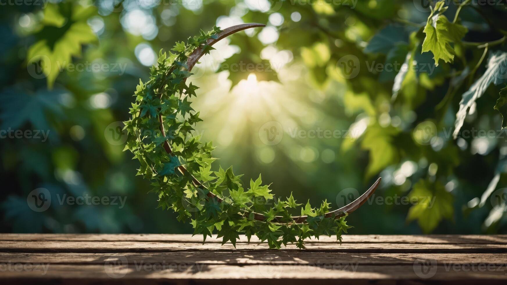 A crescent shape made of greenery, illuminated by sunlight through lush foliage. photo