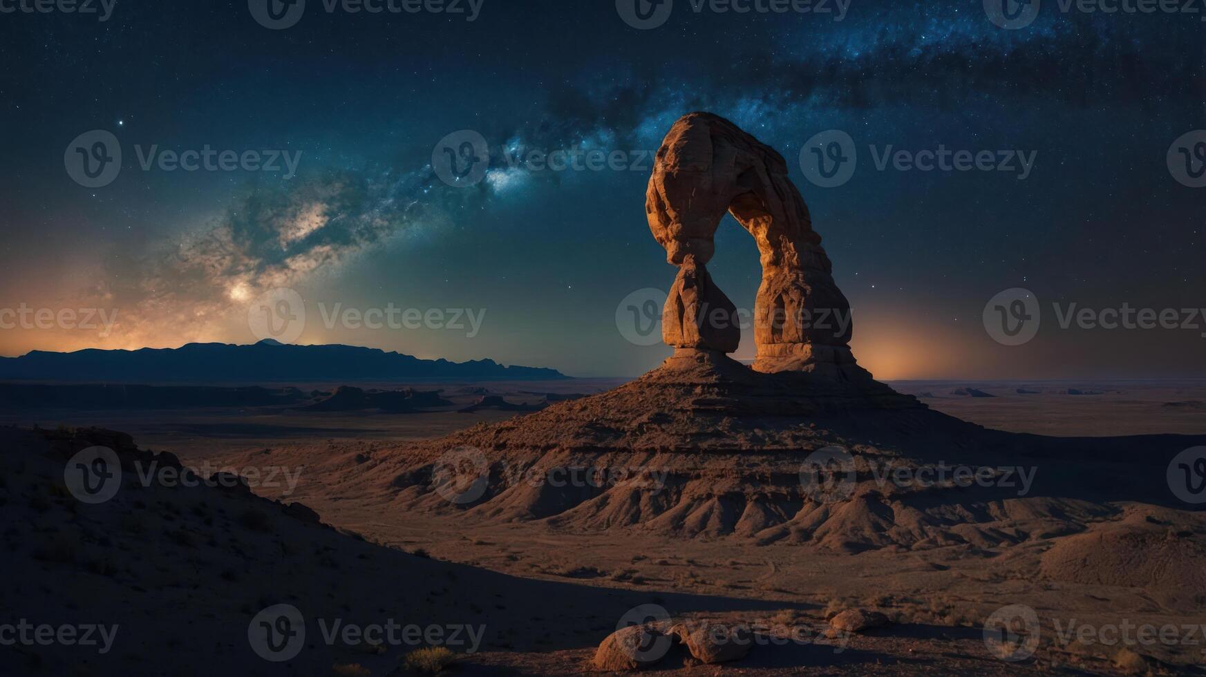 A stunning night view of a rock formation under a starry sky. photo