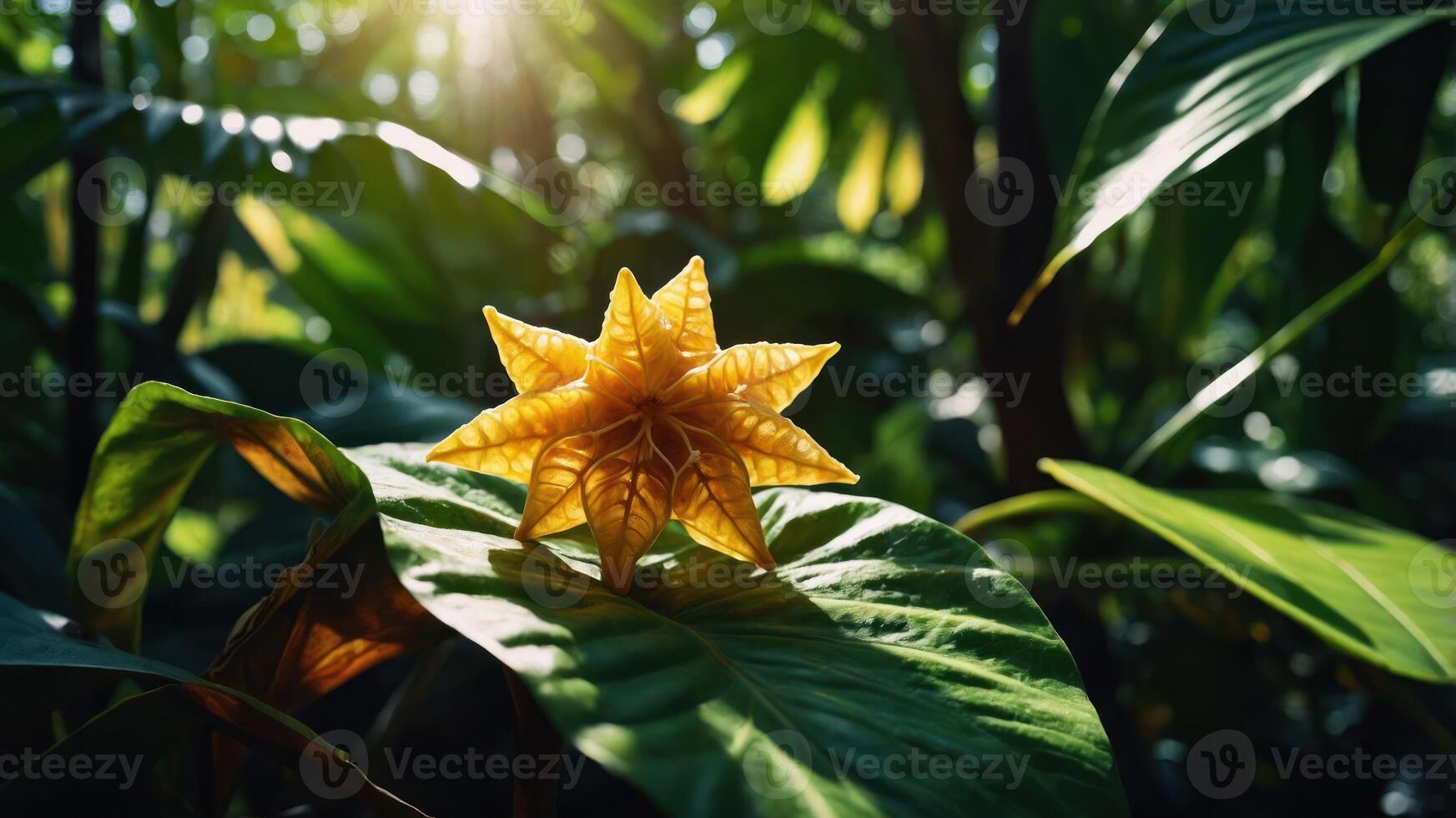 A vibrant yellow flower emerges among lush green leaves in a sunlit forest setting. photo