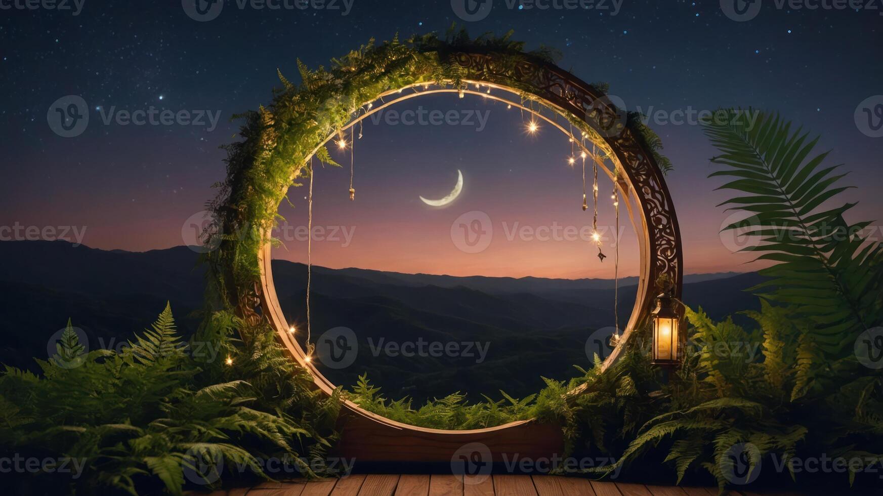 A serene circular frame adorned with plants, revealing a moonlit mountain landscape. photo