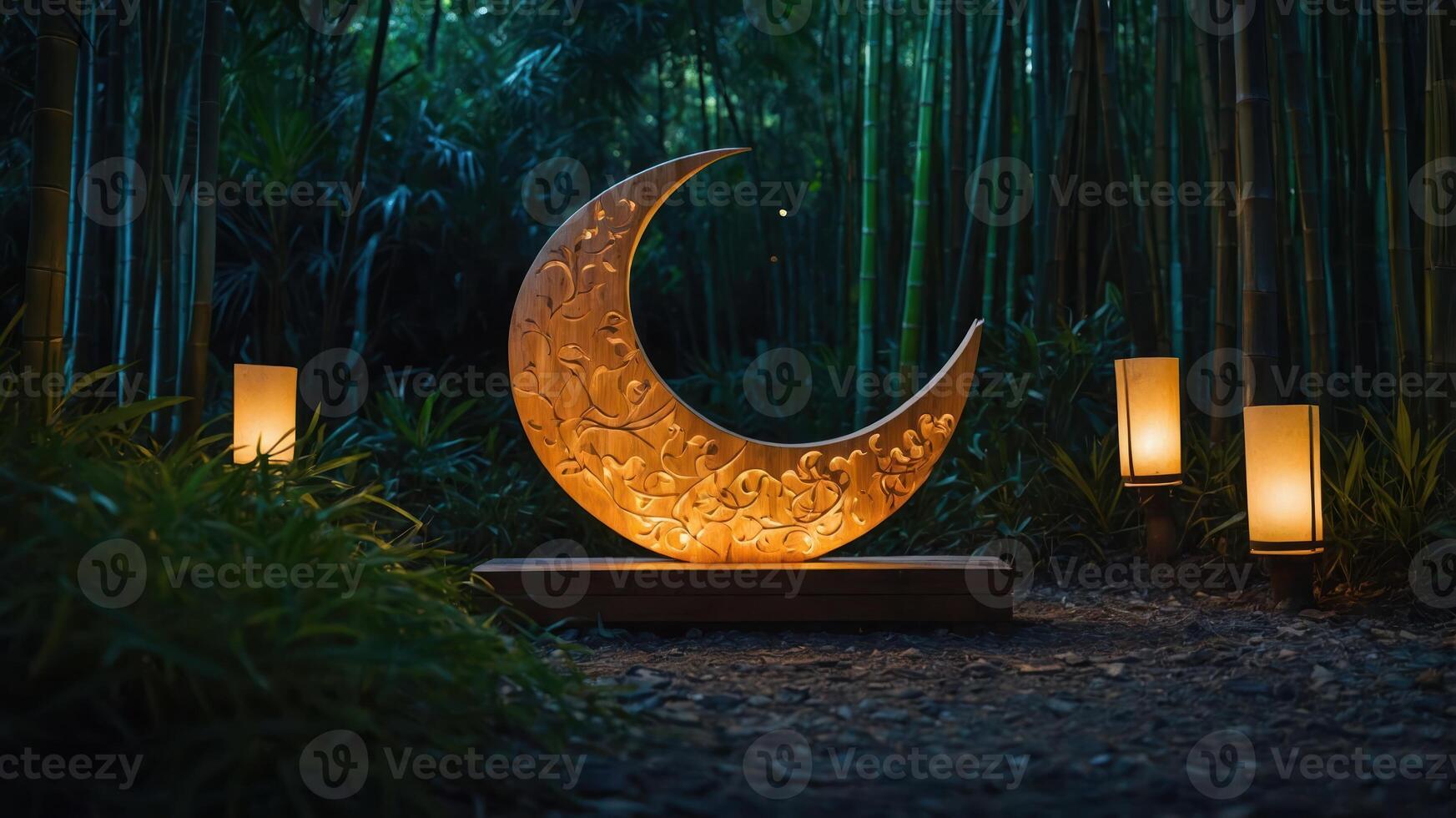 A serene moon sculpture illuminated among bamboo, creating a tranquil atmosphere. photo