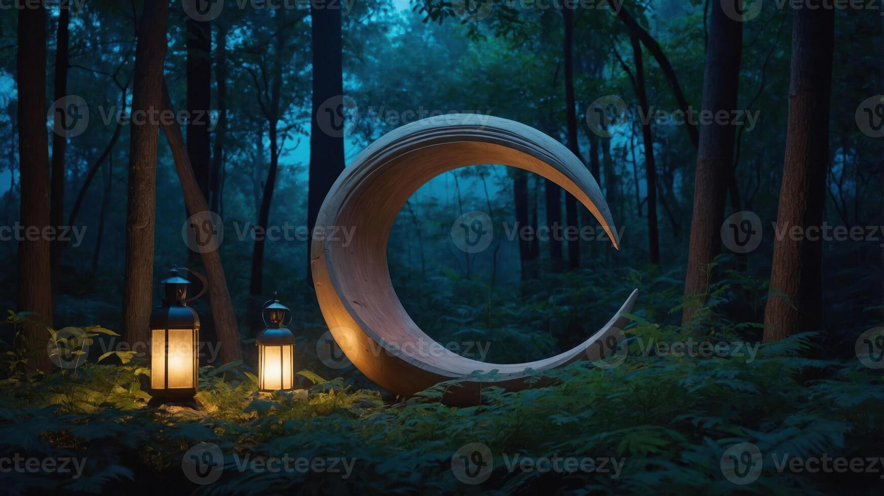 A serene forest scene featuring a crescent-shaped wooden sculpture and lanterns. photo
