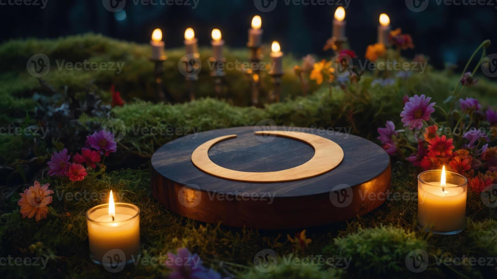 A serene altar surrounded by candles and flowers, suggesting a spiritual or meditative setting. photo