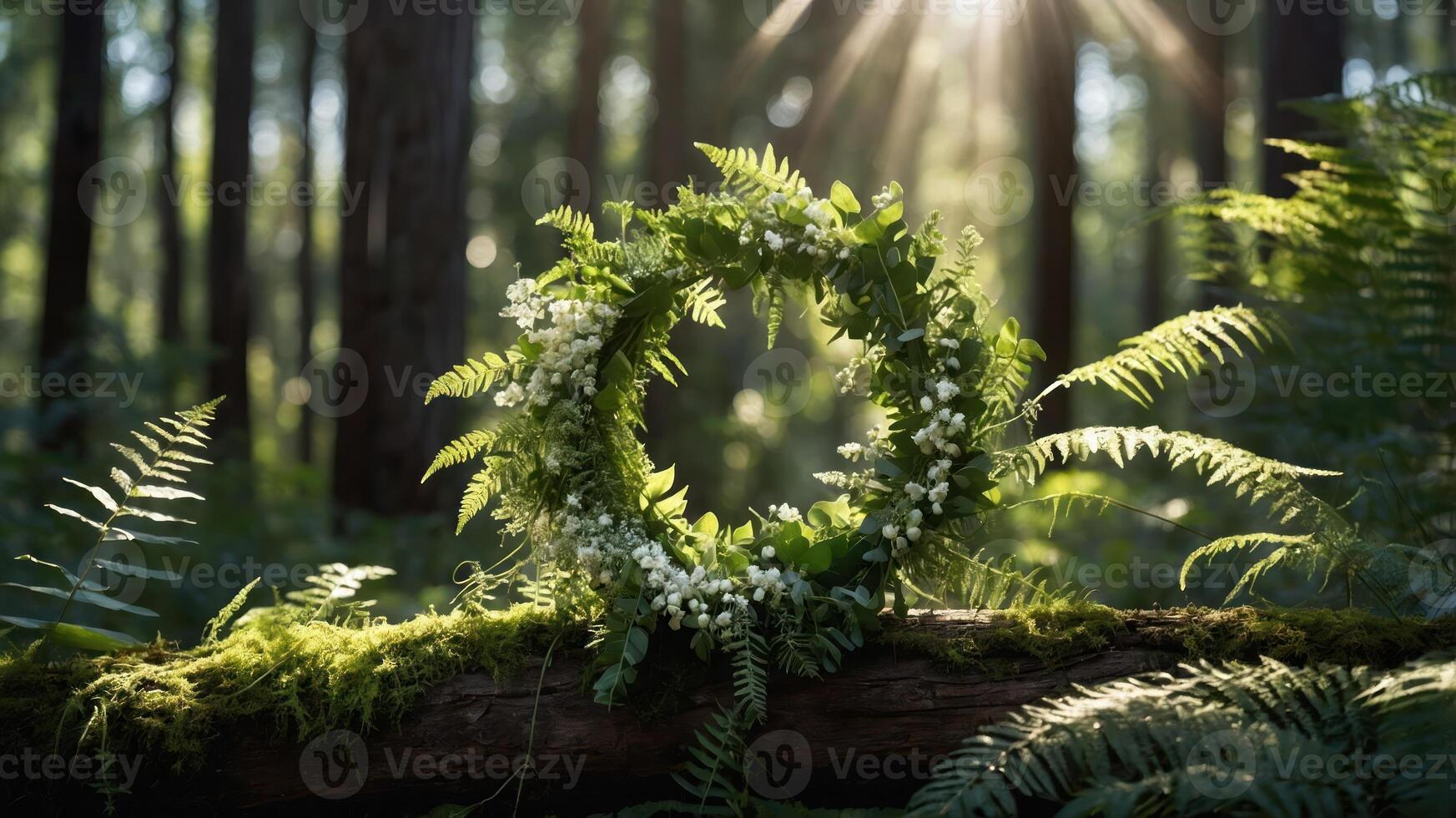 A floral wreath made of ferns and white flowers rests on a mossy log in a sunlit forest. photo