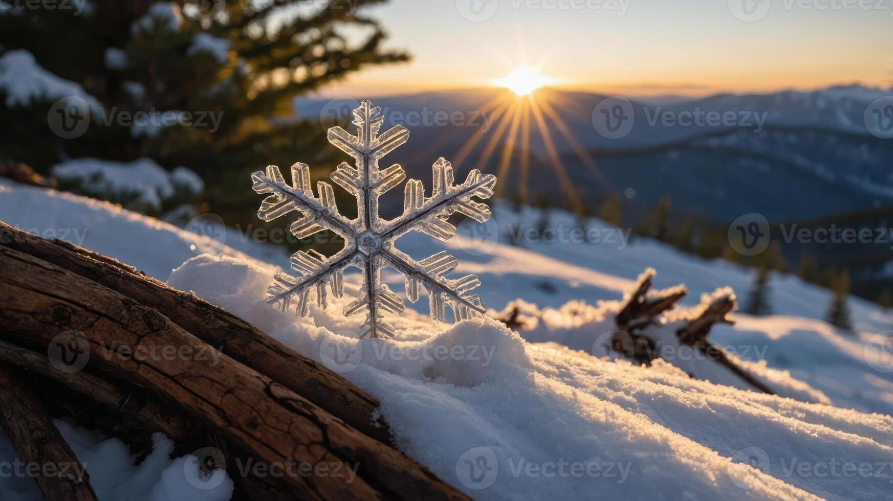 A snowflake rests on snow with a mountain sunset in the background. photo