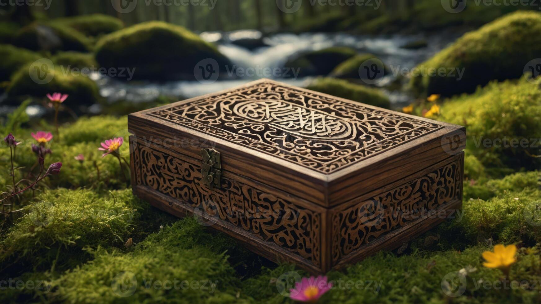 An intricately carved wooden box rests on moss by a serene stream, surrounded by flowers. photo