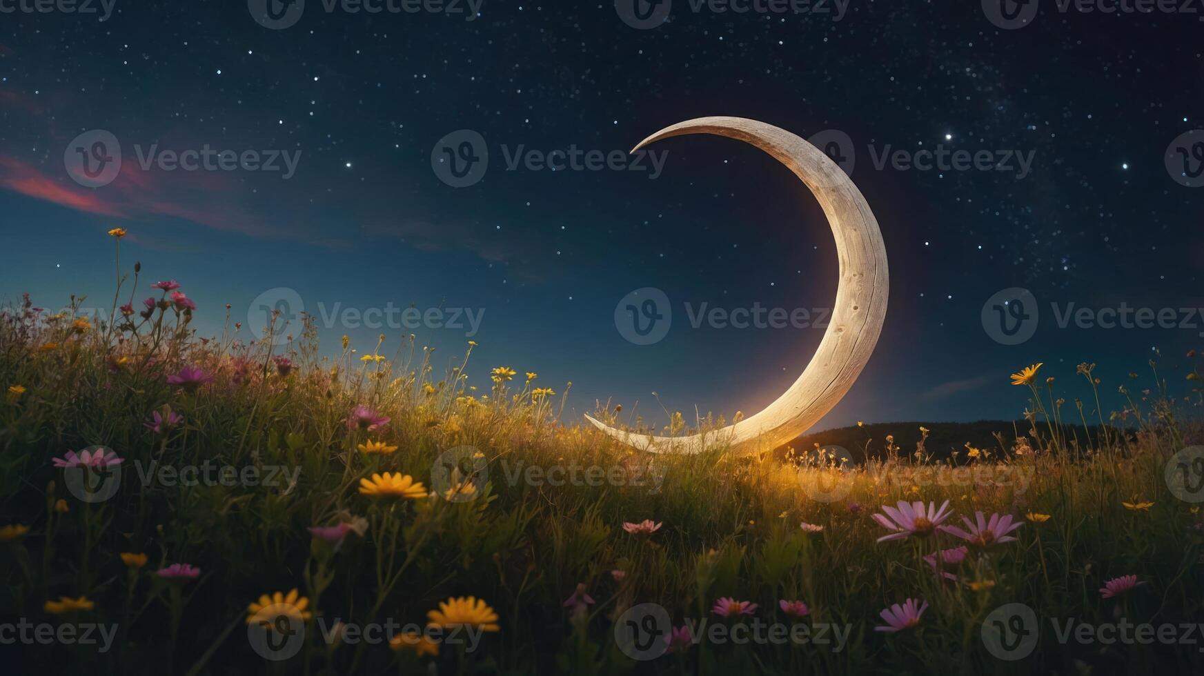 A crescent moon rests in a vibrant flower-filled meadow under a starry sky. photo