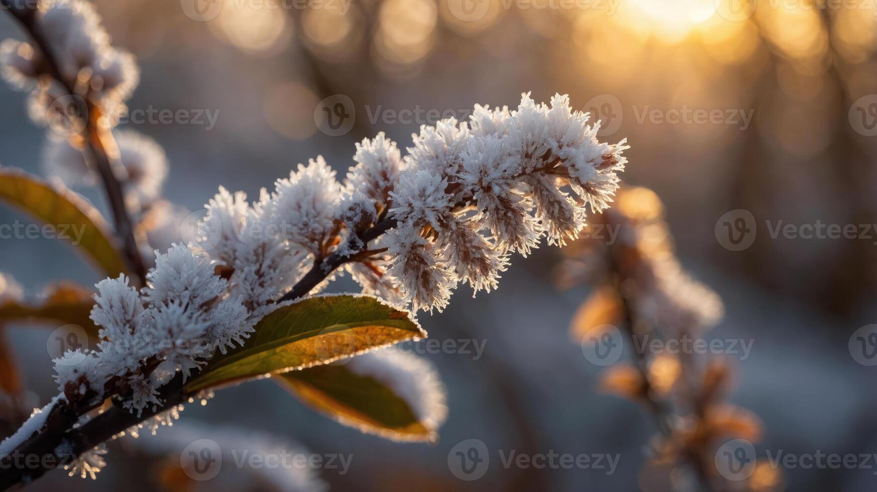 Frost-covered branch glistens in the warm glow of sunlight. photo
