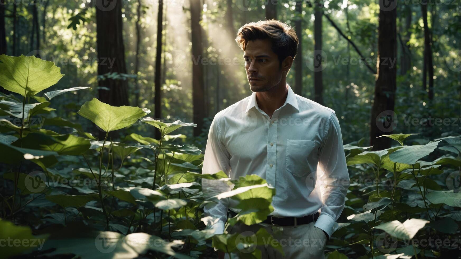 A man in a white shirt stands amidst lush greenery, illuminated by soft sunlight. photo