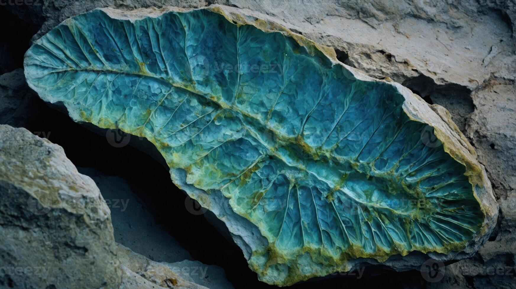 A large, vibrant fossil resembling a leaf embedded in rocky terrain. photo