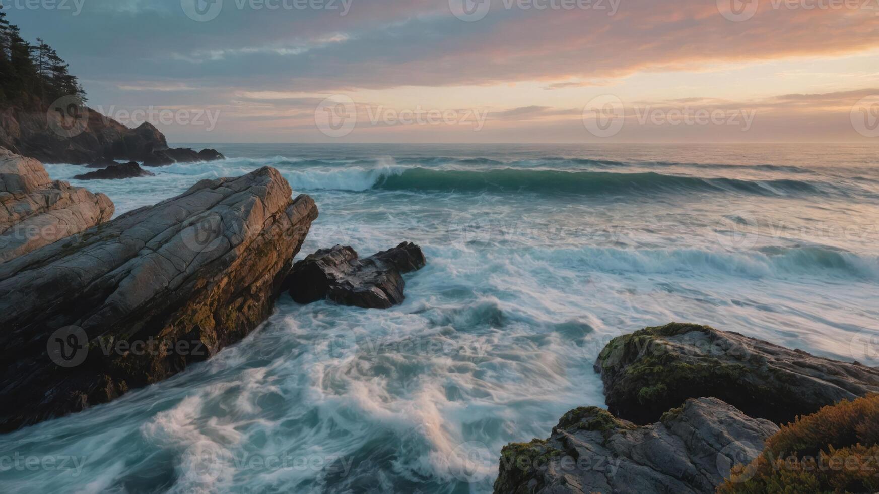 A serene coastal scene with waves crashing against rocky formations at sunset. photo