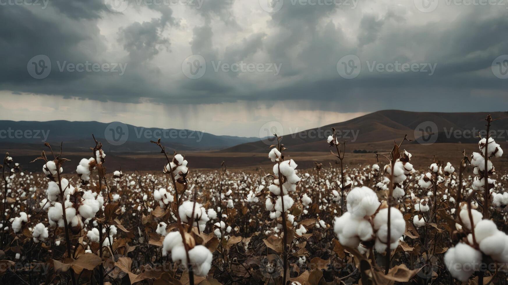 A cotton field under a dramatic sky, showcasing agricultural beauty and nature's contrast. photo