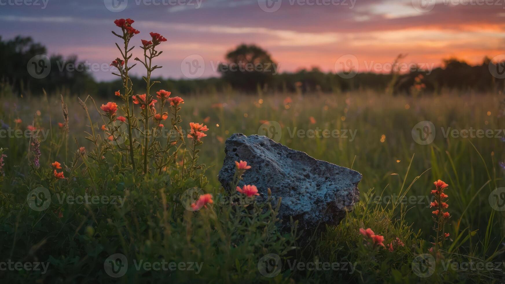 A serene landscape featuring vibrant flowers and a rock under a colorful sunset sky. photo