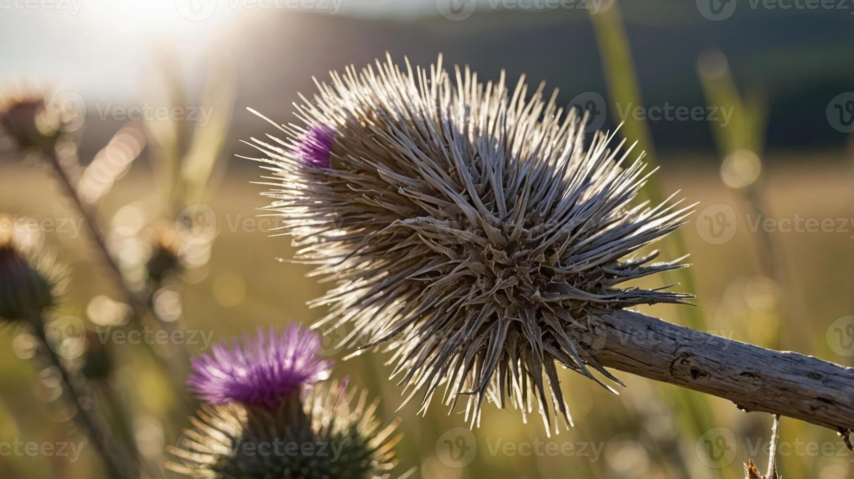 Close-up of a thistle plant with spiky texture and soft purple flower against a blurred background. photo