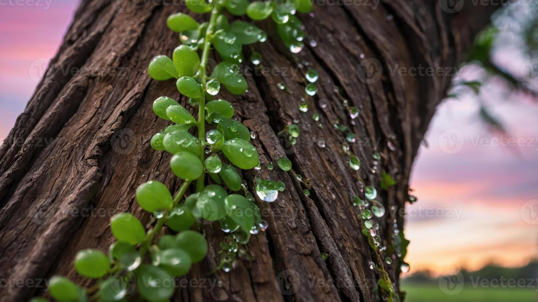 Close-up of green leaves with water droplets on a textured tree trunk at sunset. photo