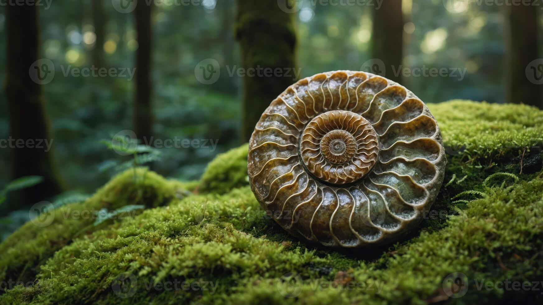 A fossilized ammonite resting on moss in a serene forest setting. photo