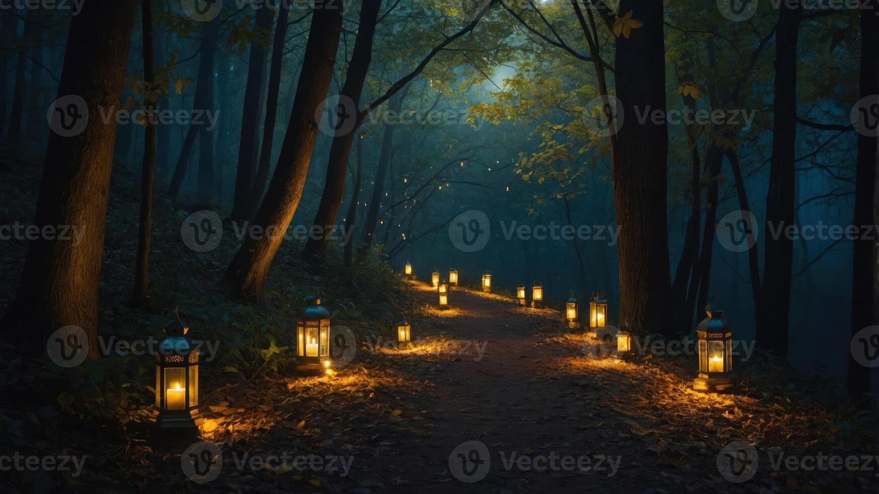 A serene forest path illuminated by glowing lanterns, creating a magical atmosphere. photo