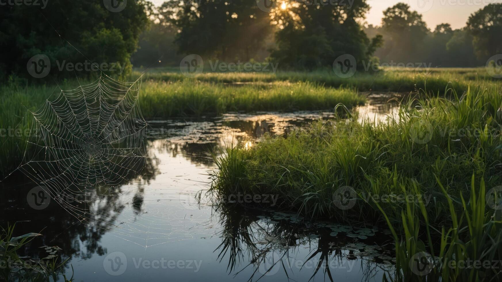 A serene landscape at dawn featuring a spider web by a calm water body surrounded by greenery. photo