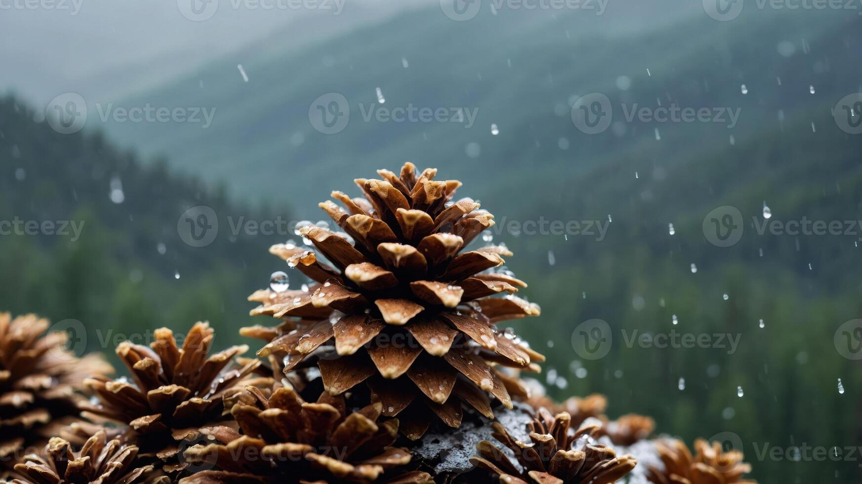 A close-up of pine cones with a misty forest backdrop and falling snowflakes. photo
