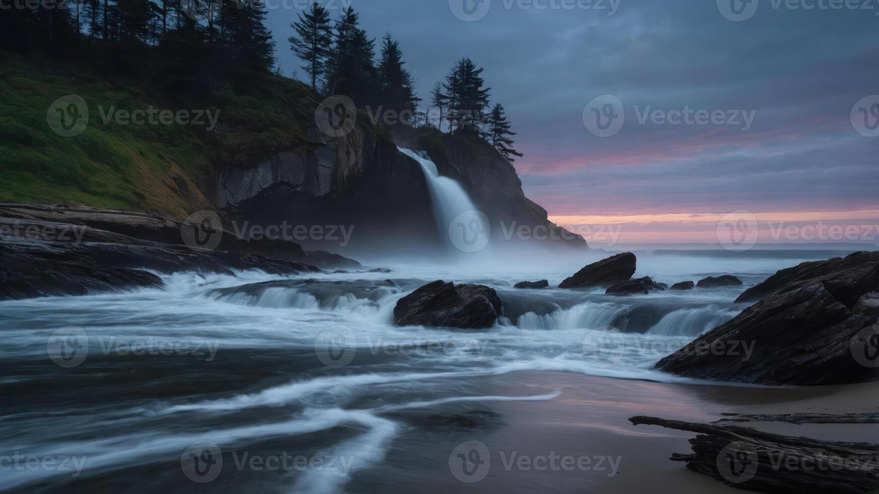 Serene coastal landscape featuring a waterfall, rocky shore, and gentle waves at sunset. photo