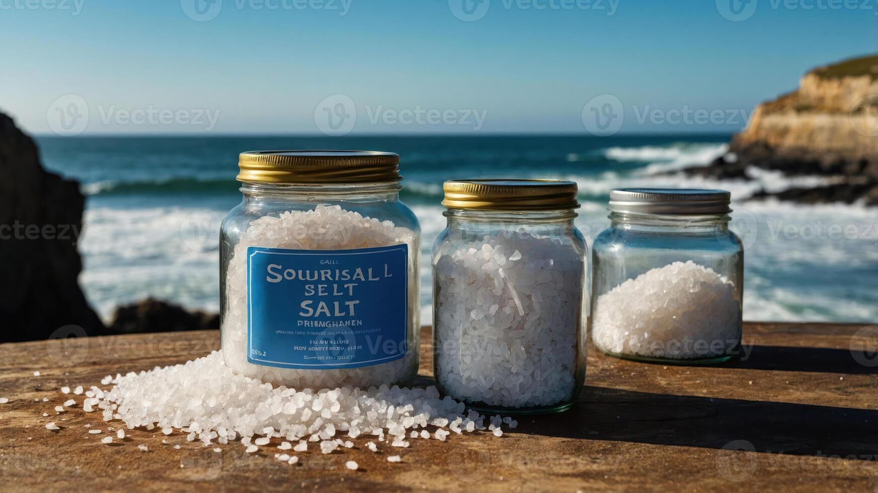 Jars of sea salt displayed on a wooden surface with a coastal background. photo