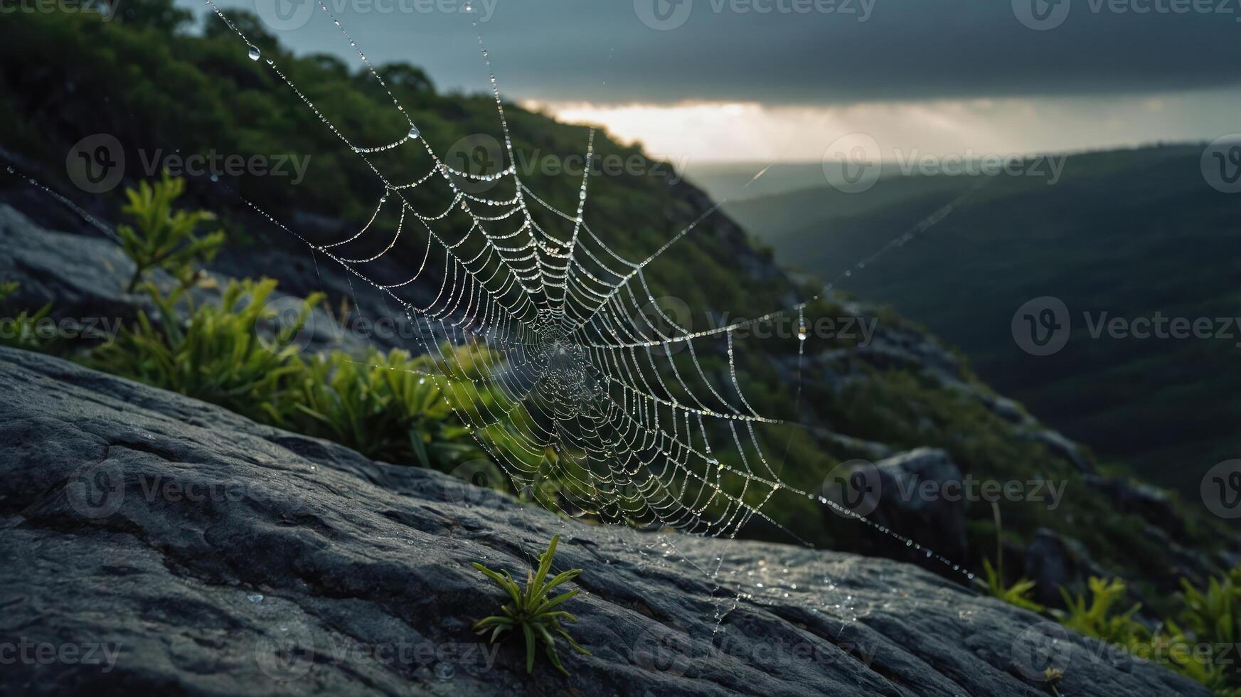A close-up of a spider web adorned with dew drops, set against a mountainous backdrop. photo