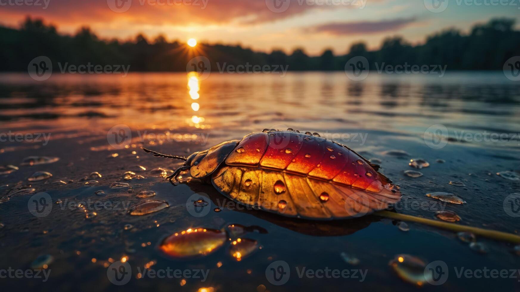 A close-up of a colorful insect shell on a wet surface during sunset. photo
