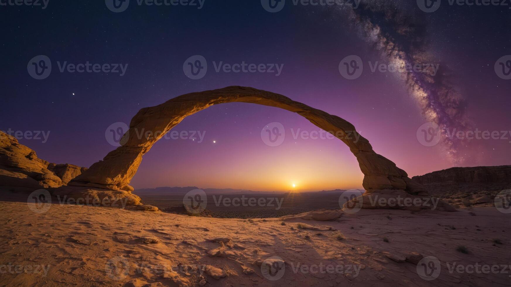 A stunning view of an arch under a starry sky at sunset, showcasing natural beauty. photo