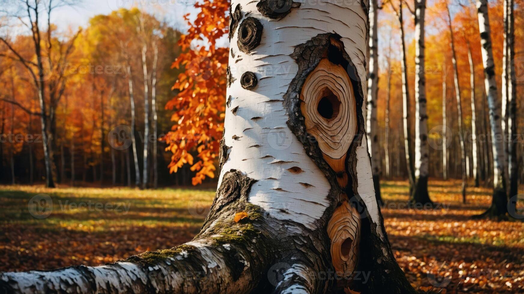 A close-up of a birch tree trunk with autumn foliage in the background. photo