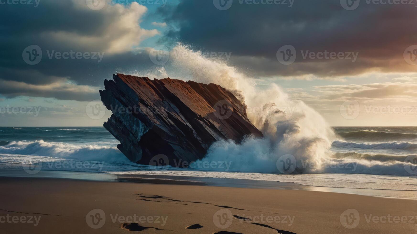 A dramatic seascape featuring a large rock formation being hit by waves at sunset. photo