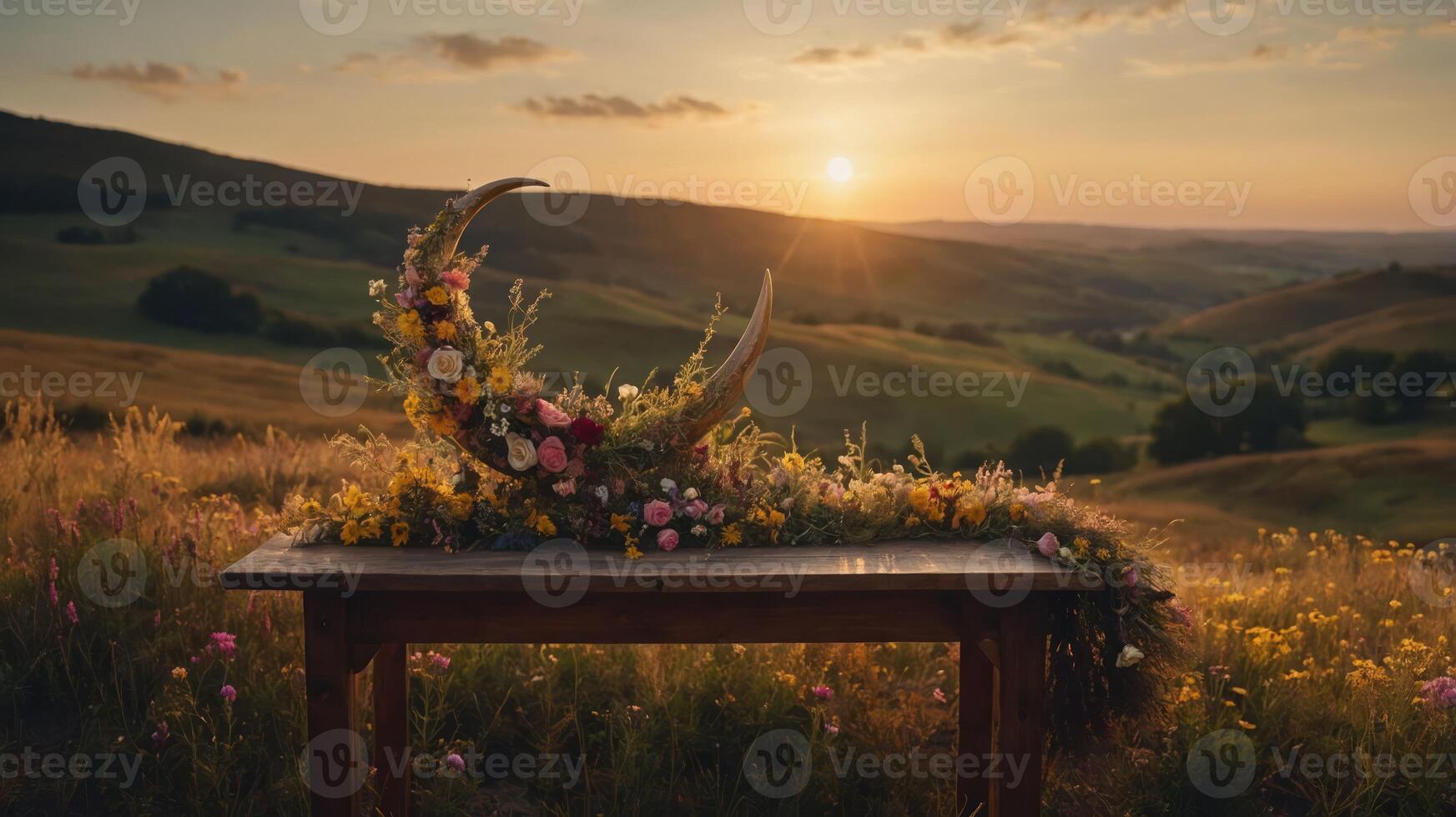 A wooden table adorned with flowers and horns at sunset in a serene landscape. photo