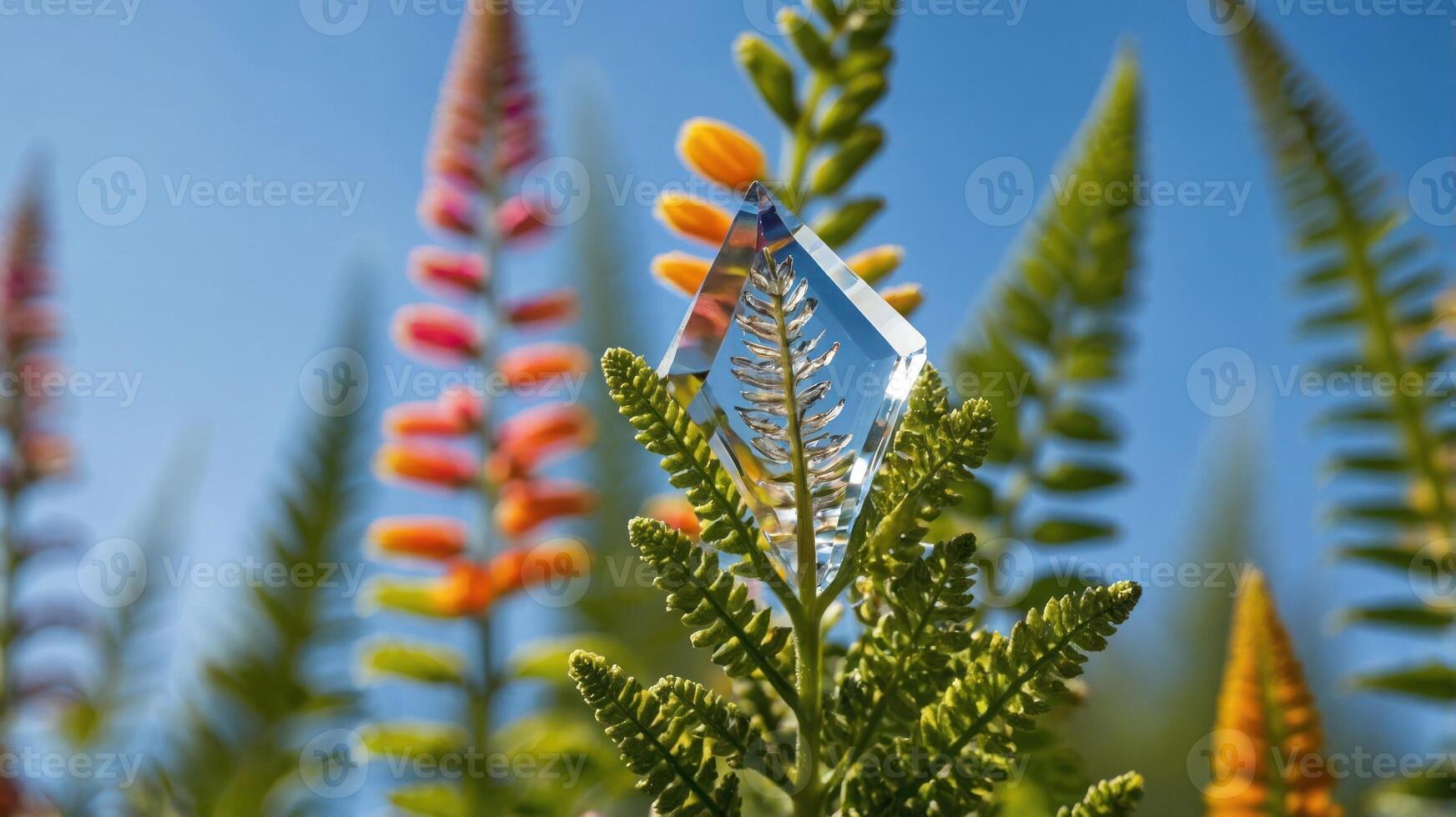 A crystal prism resting on vibrant green and orange foliage against a clear blue sky. photo