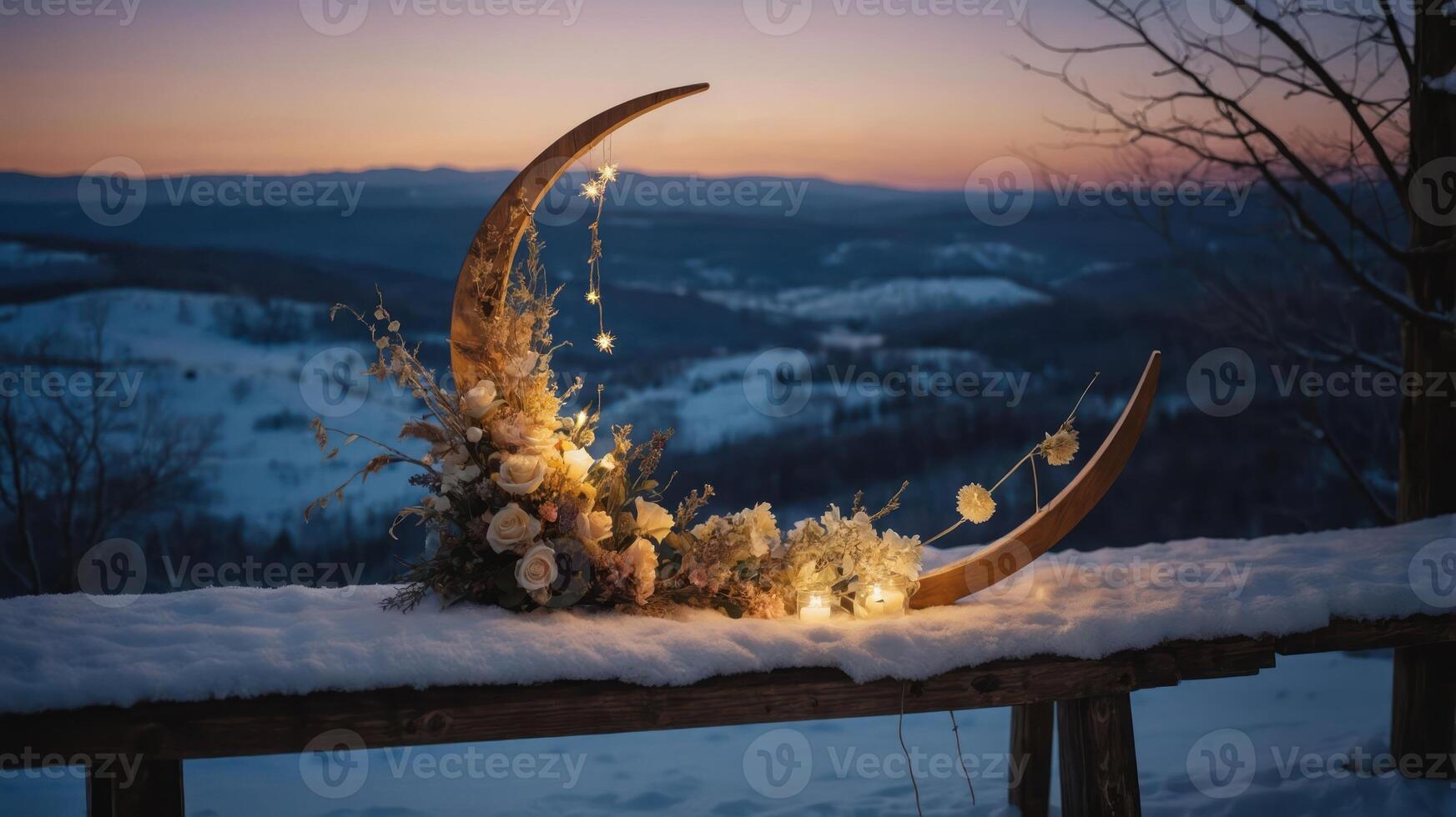 A serene winter landscape featuring a decorative floral arrangement with lights on a snowy bench. photo