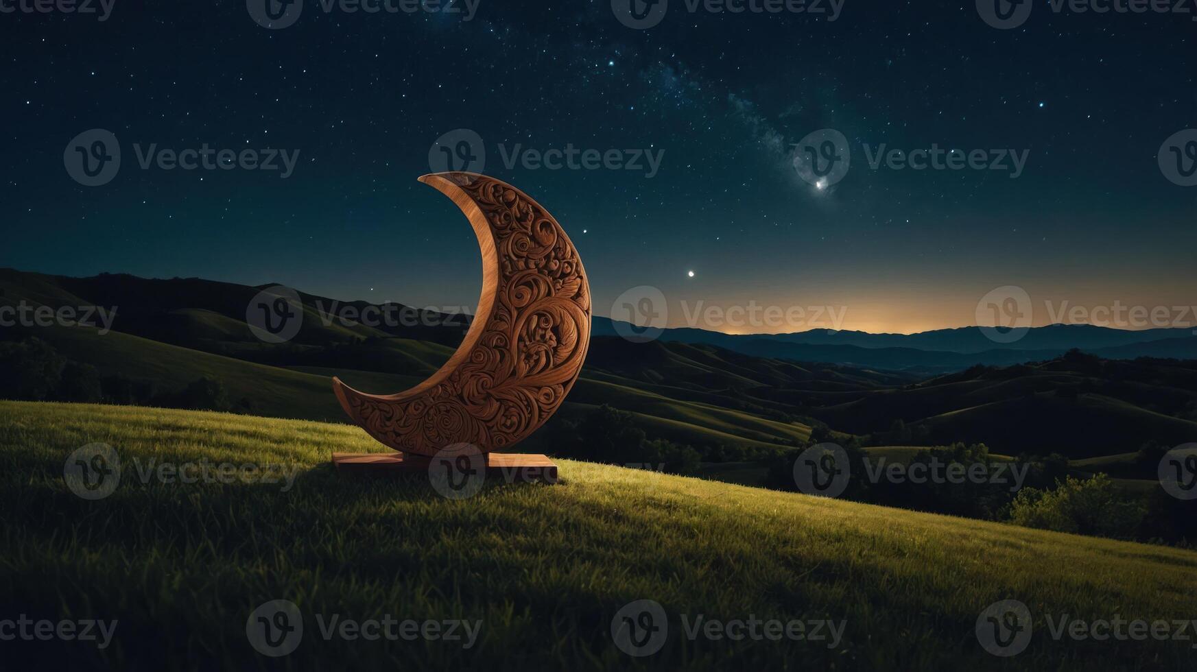 A crescent moon sculpture sits on a grassy hill under a starry sky at dusk. photo