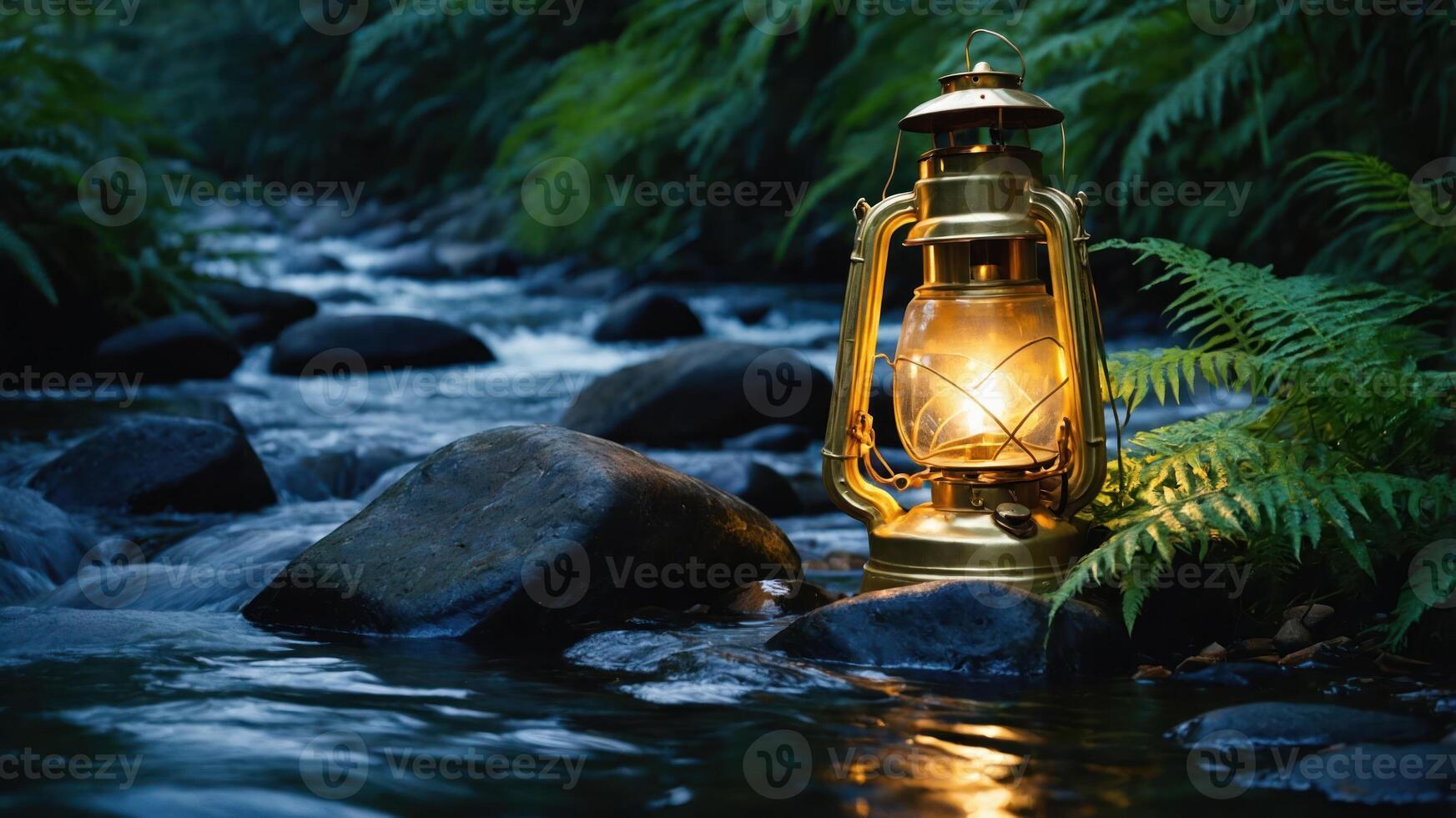 A golden lantern illuminates a tranquil stream surrounded by lush greenery. photo