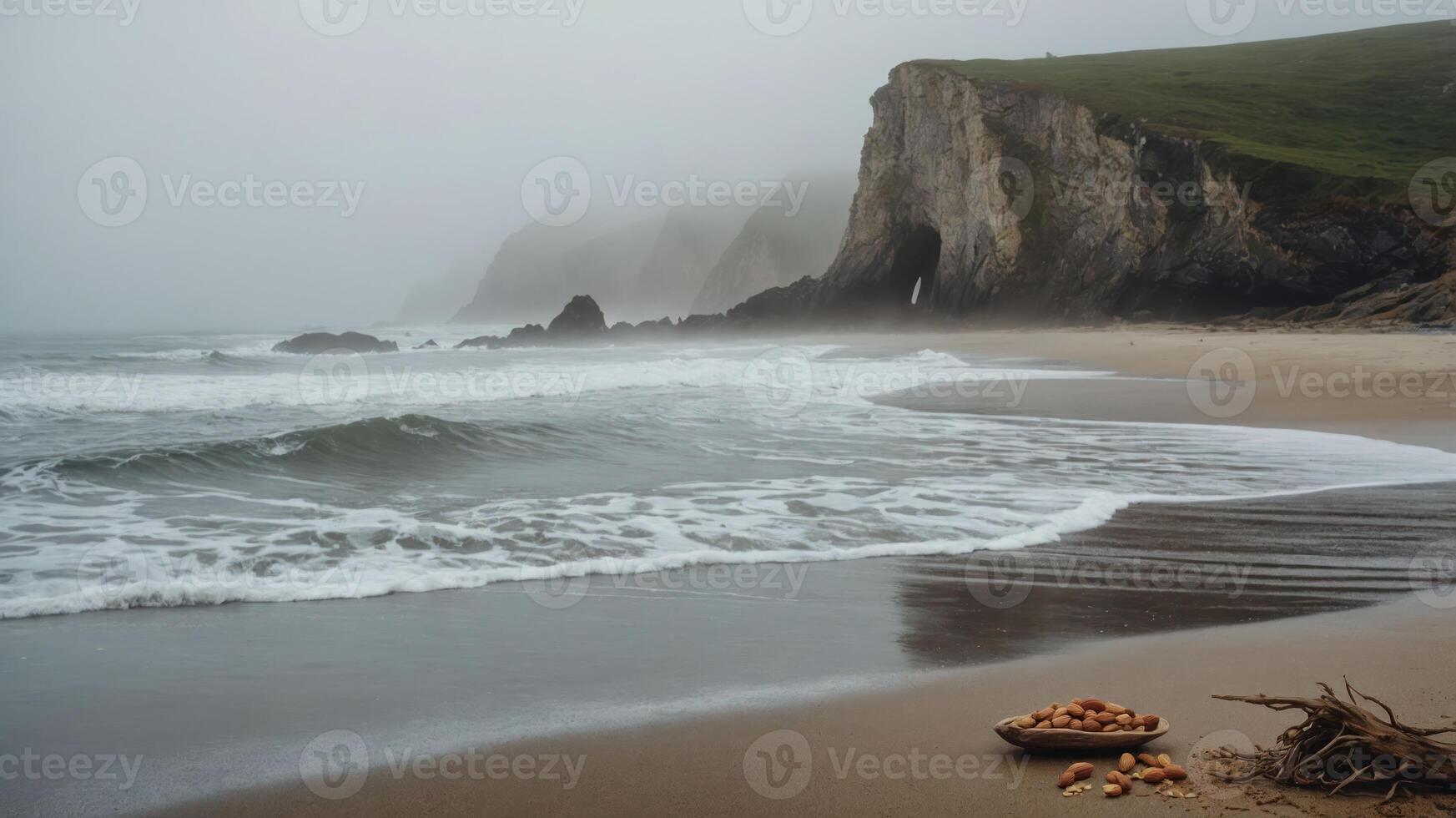 A serene beach scene with fog, cliffs, and a bowl of fruit on the sand. photo