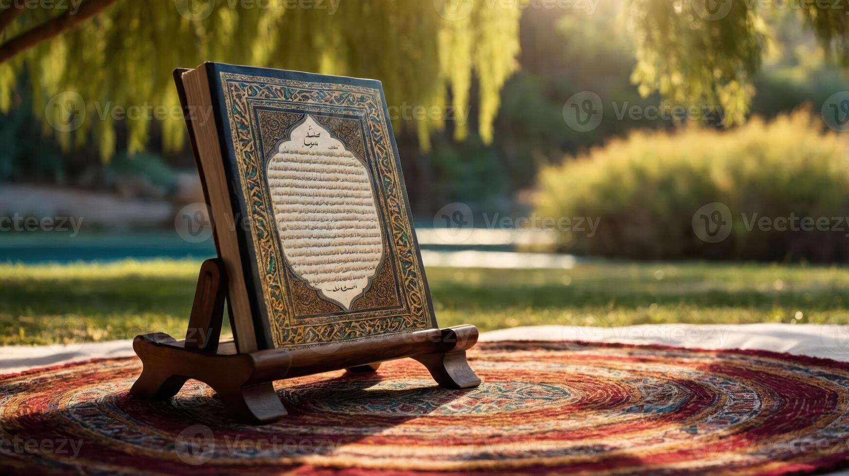 A beautifully displayed Quran on a stand, set against a serene natural backdrop. photo