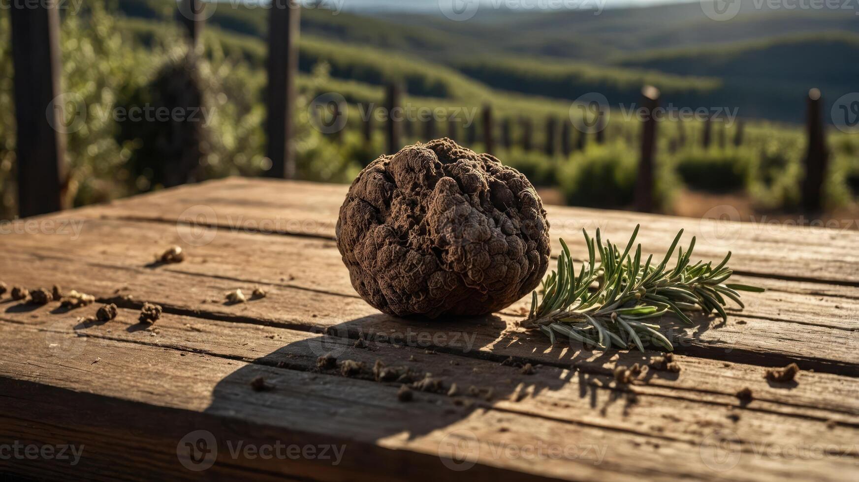 A truffle on a rustic wooden table with herbs, set against a scenic vineyard backdrop. photo